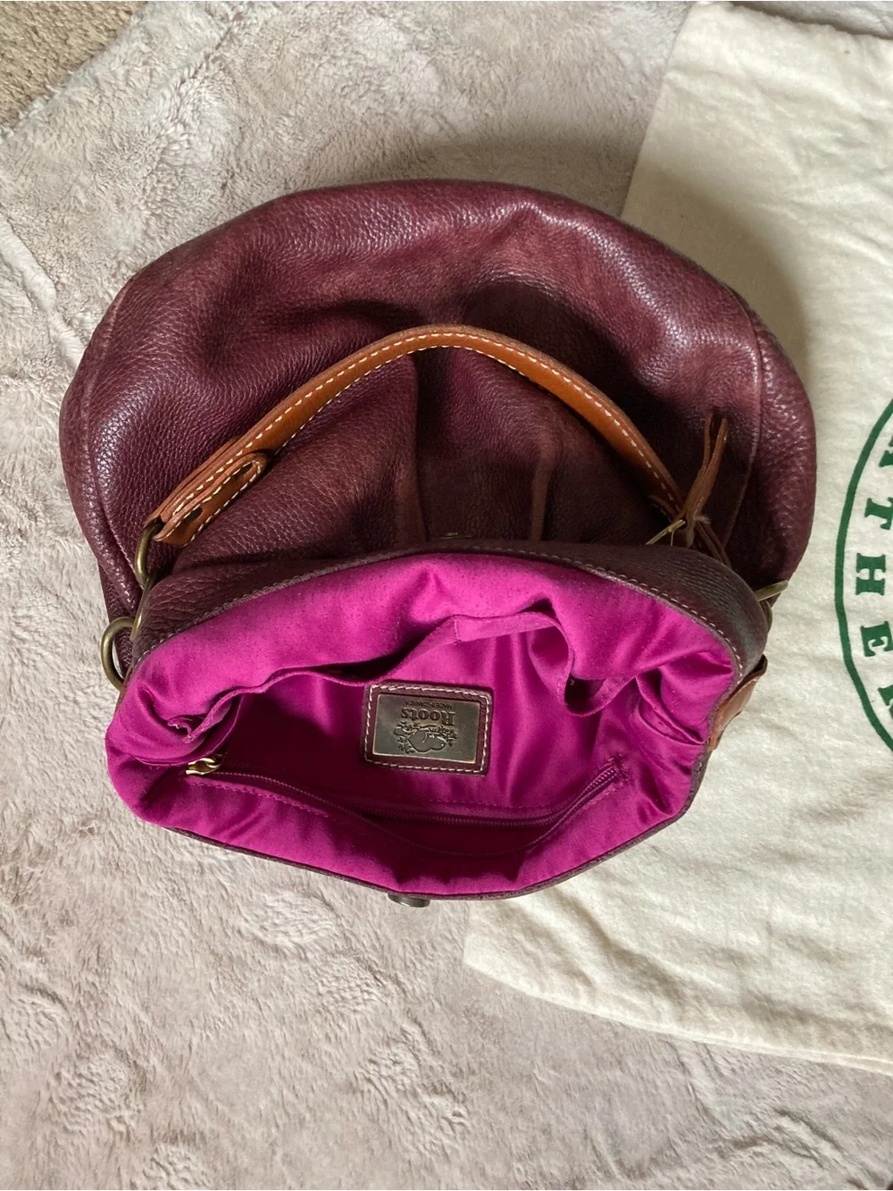 Roots Burgundy Leather Hobo with Tan Strap